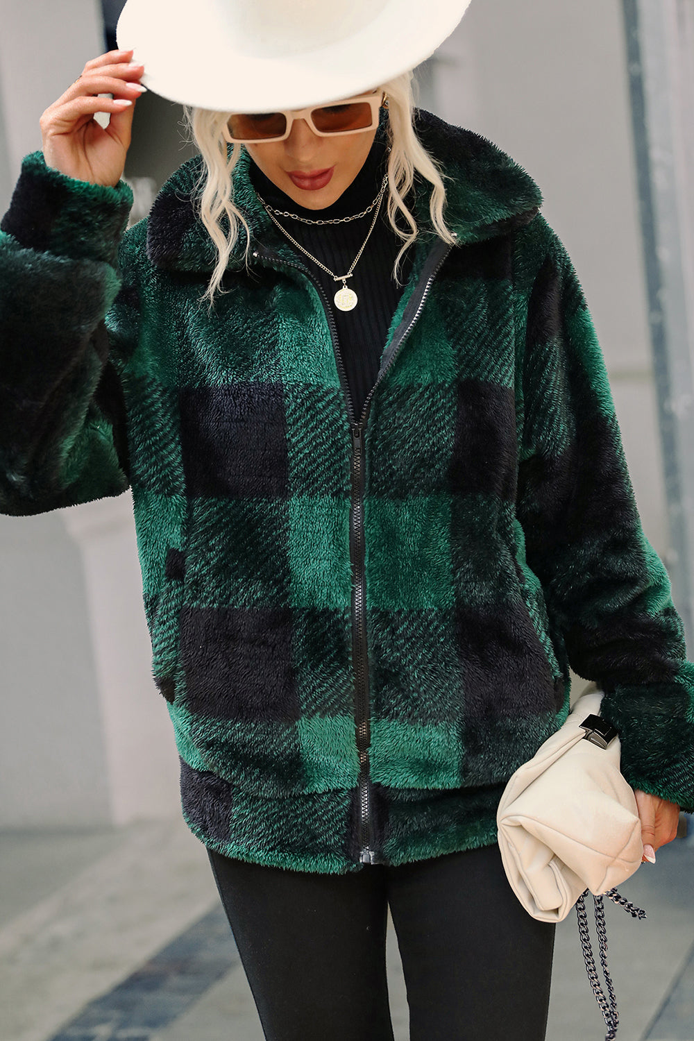 Green Plaid Zipper Fuzzy Jacket Winter Coat-CALLISTARI