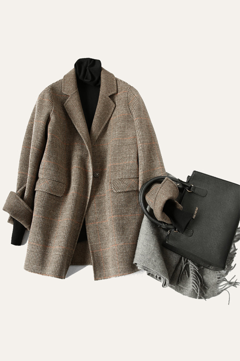 Grey Wool Blend Plaid One Button Lapel Neck Coat-CALLISTARI