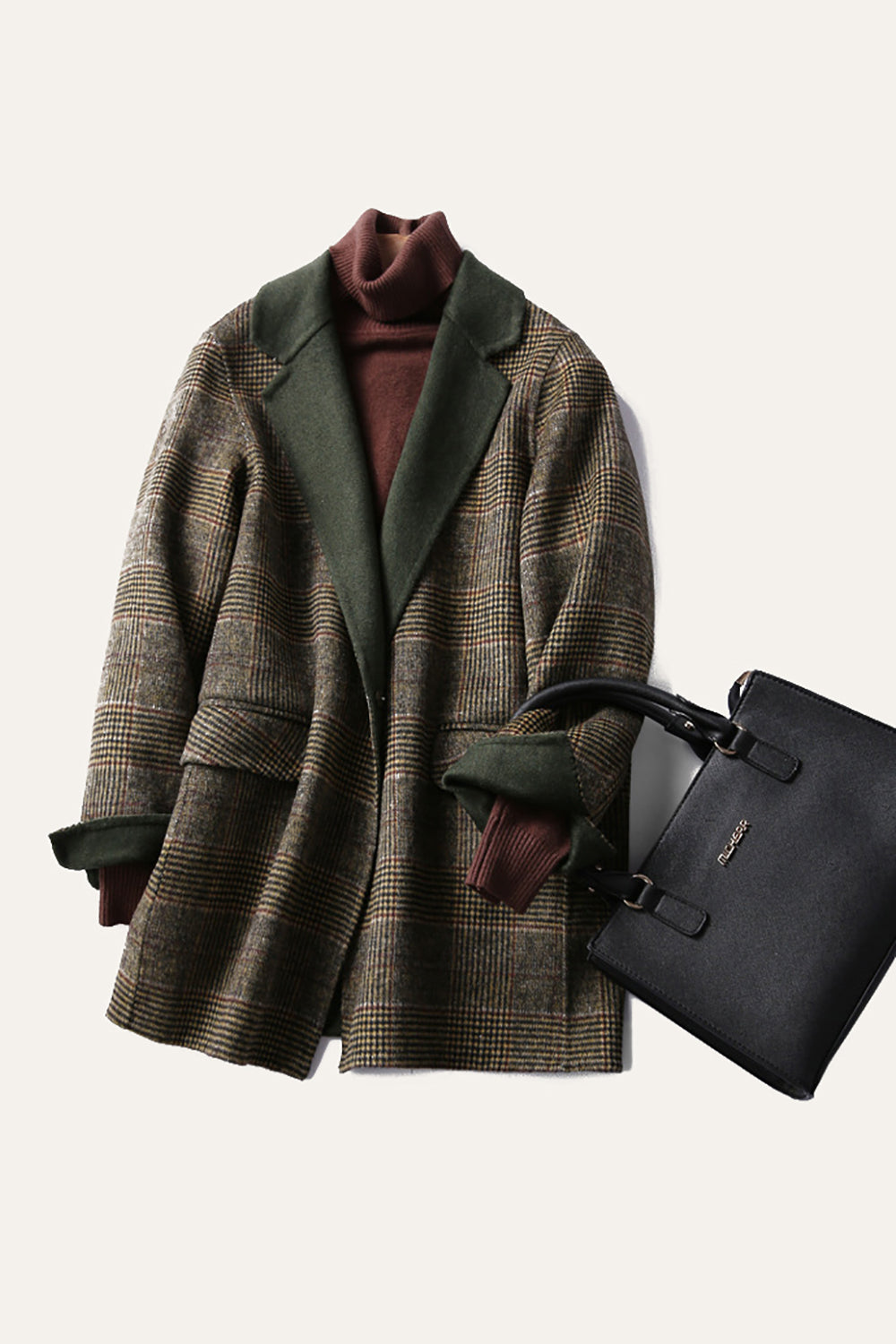 Grey Wool Blend Plaid One Button Lapel Neck Coat-CALLISTARI