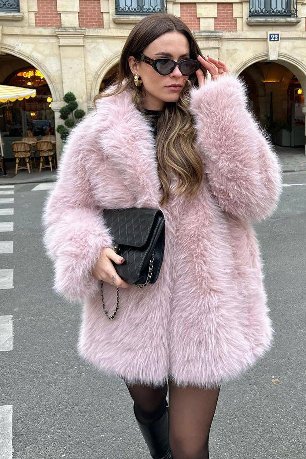 Pink Open Front Shearling Faux Fur Long Shaggy Coat-CALLISTARI