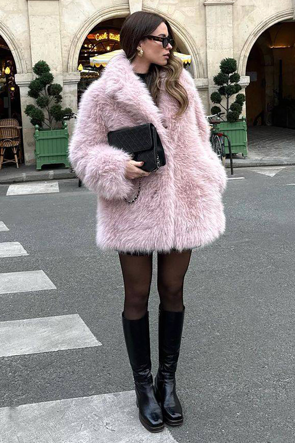 Pink Open Front Shearling Faux Fur Long Shaggy Coat-CALLISTARI