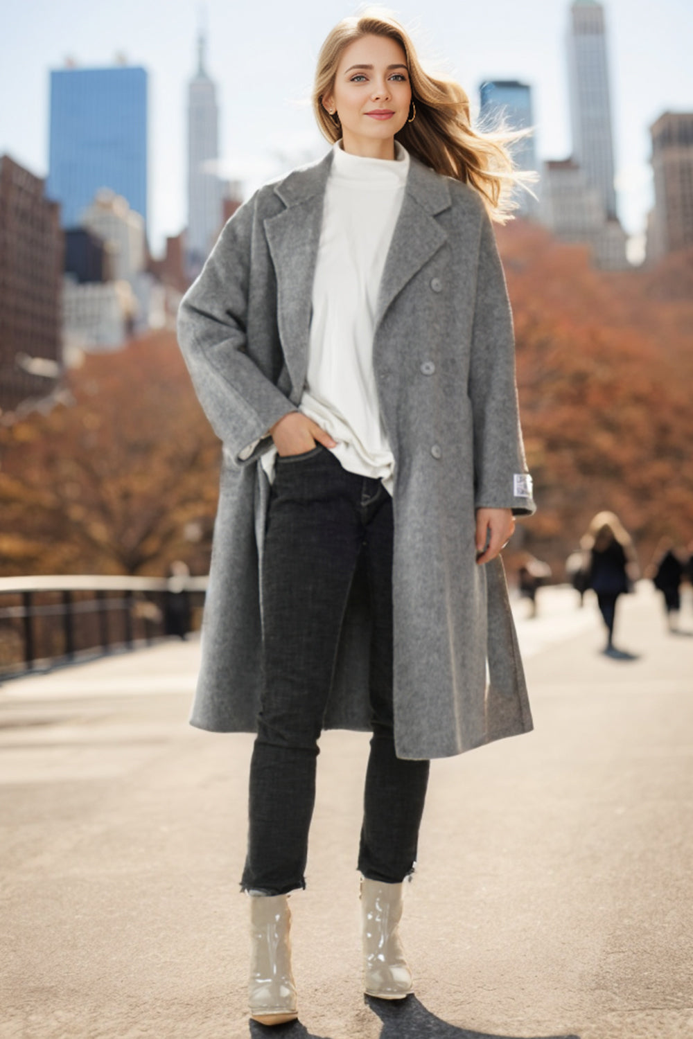 Grey Double Breasted Long Wool Blend Coat with Belt-CALLISTARI