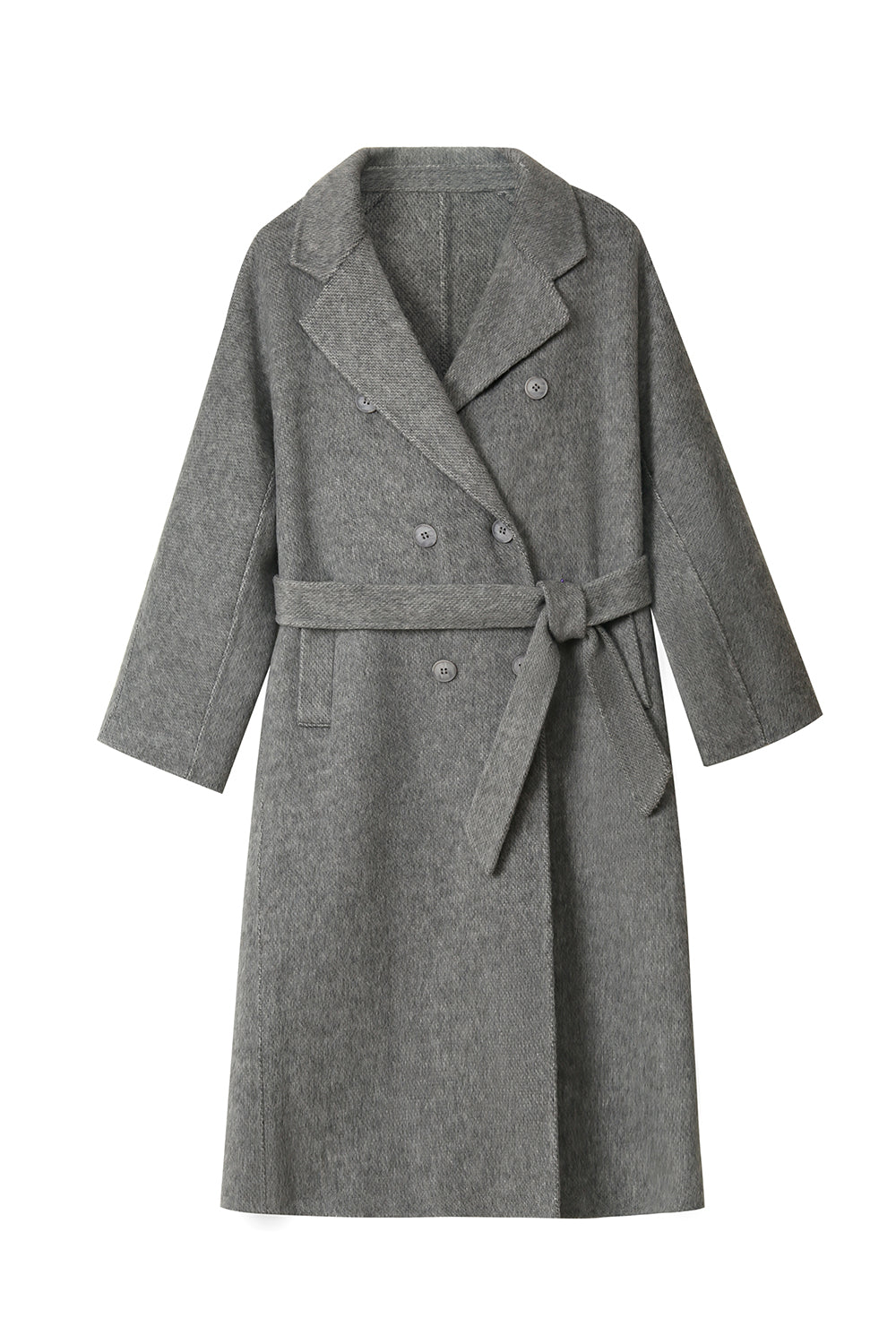 Grey Double Breasted Long Wool Blend Coat with Belt-CALLISTARI