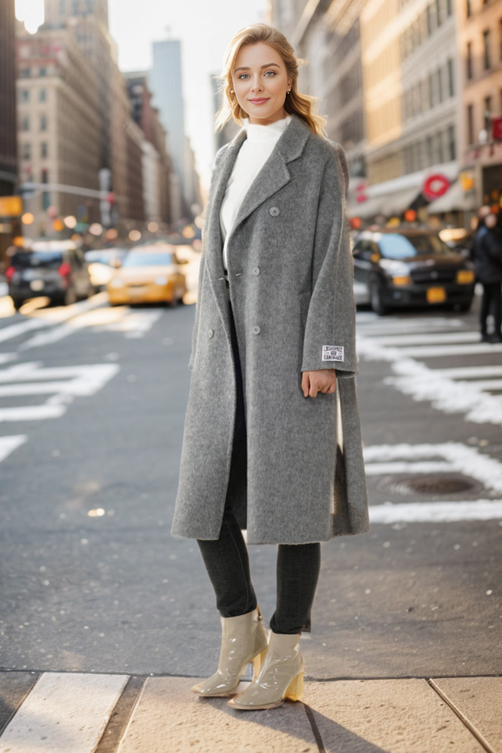 Grey Double Breasted Long Wool Blend Coat with Belt-CALLISTARI