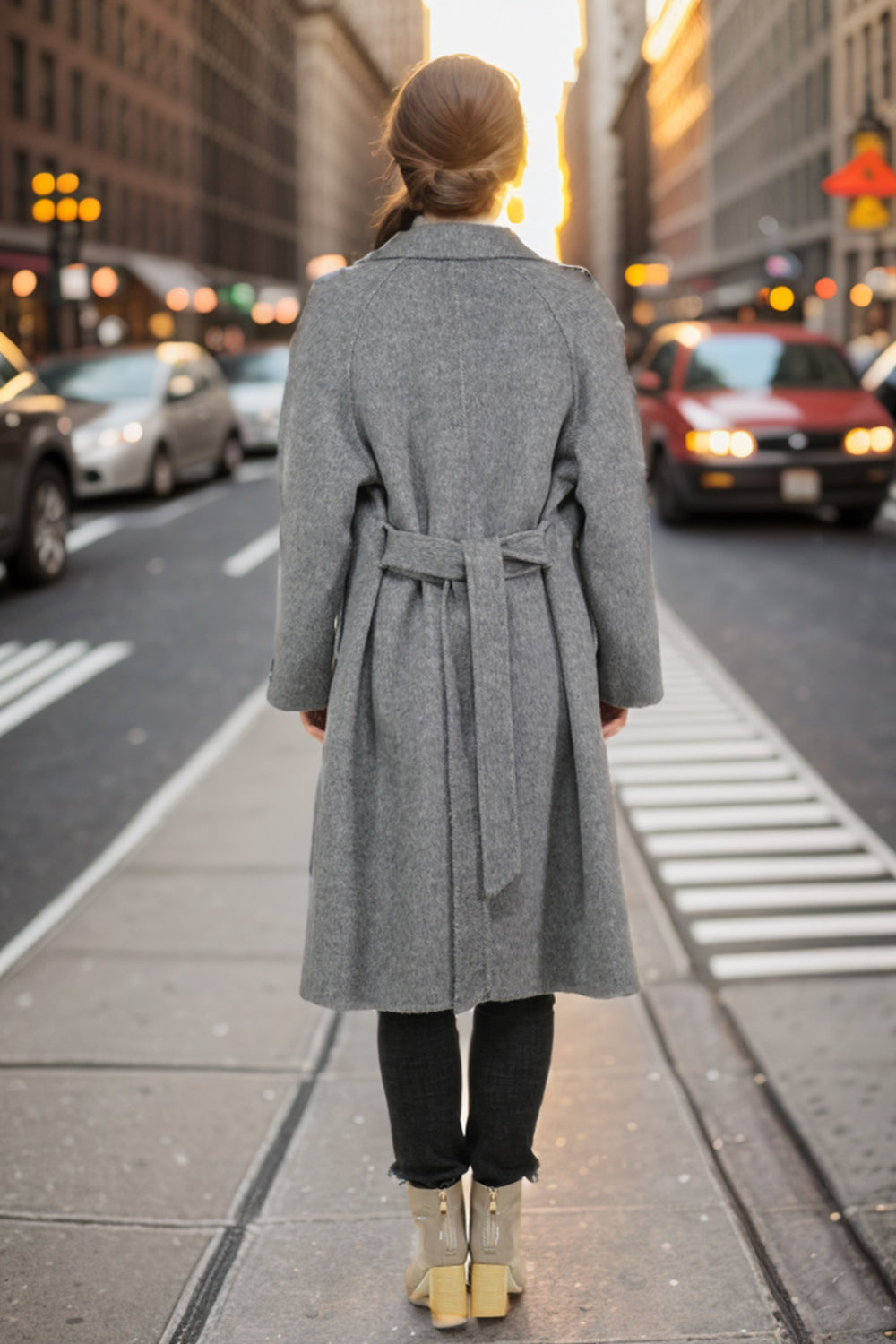 Grey Double Breasted Long Wool Blend Coat with Belt-CALLISTARI