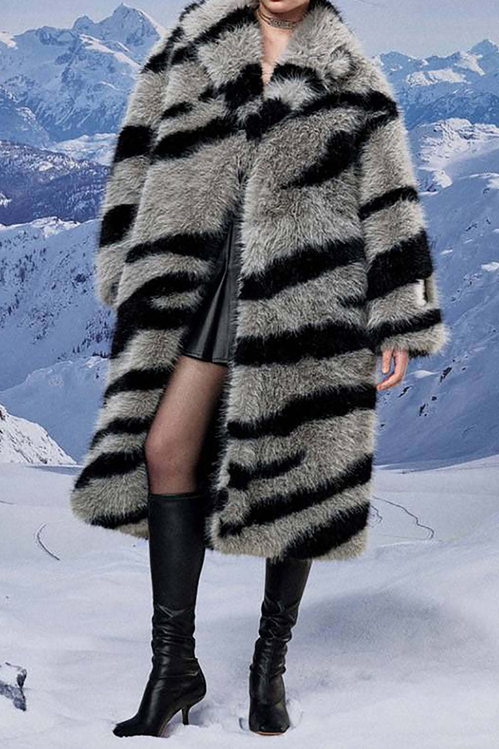 Dark Grey Zebra Pattern Imitation Oversized Long Faux Fur Shearling Coat-CALLISTARI