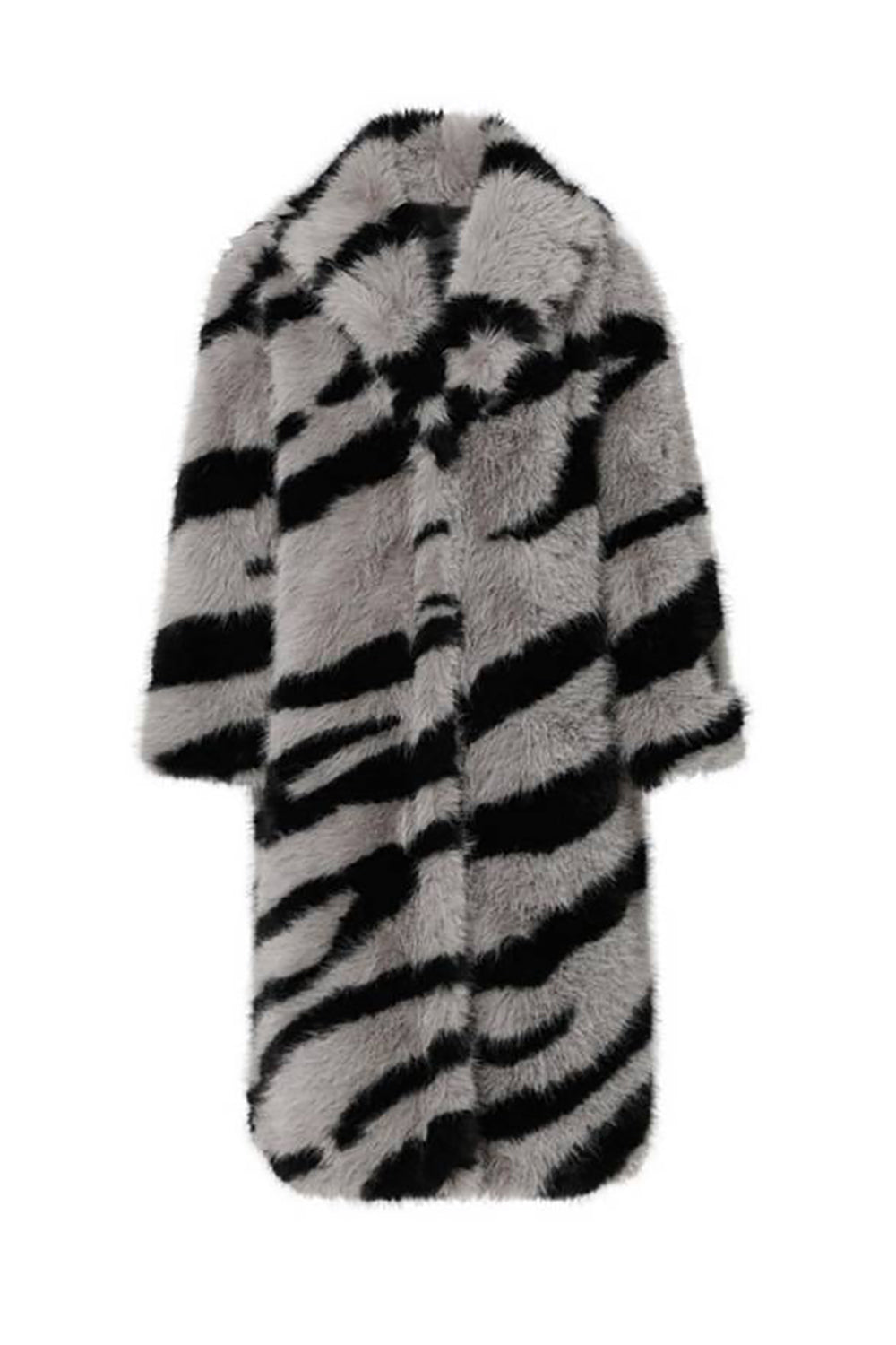Dark Grey Zebra Pattern Imitation Oversized Long Faux Fur Shearling Coat-CALLISTARI