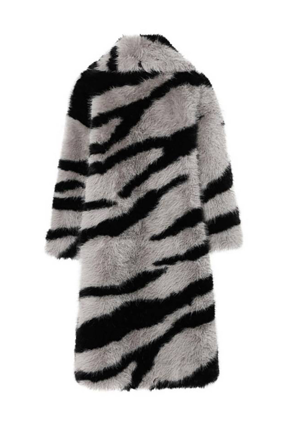 Dark Grey Zebra Pattern Imitation Oversized Long Faux Fur Shearling Coat-CALLISTARI