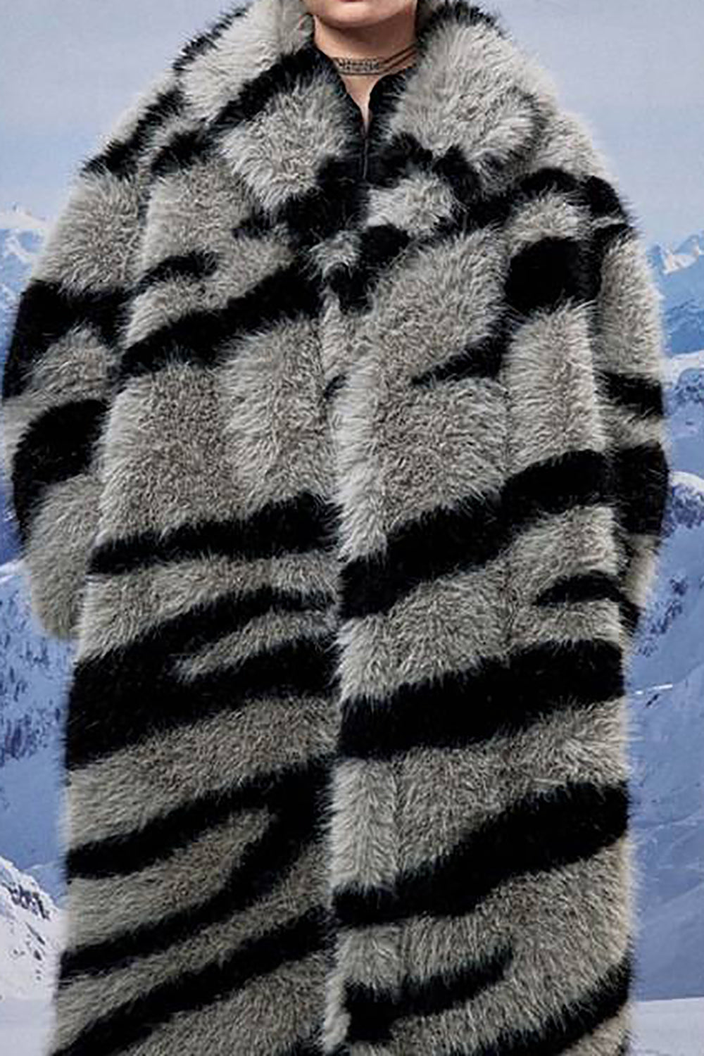 Dark Grey Zebra Pattern Imitation Oversized Long Faux Fur Shearling Coat-CALLISTARI