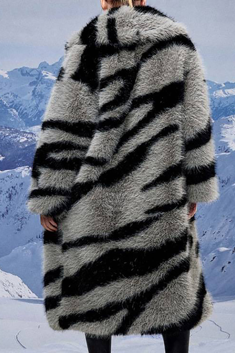 Dark Grey Zebra Pattern Imitation Oversized Long Faux Fur Shearling Coat-CALLISTARI