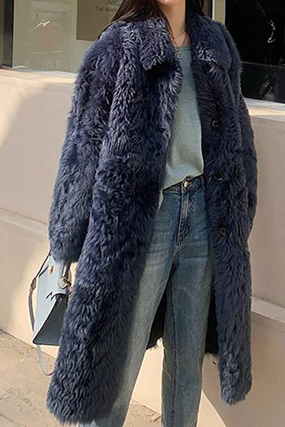 Casual Single Breasted Long Overcoat Faux Fur Lapel Collar Coat-CALLISTARI