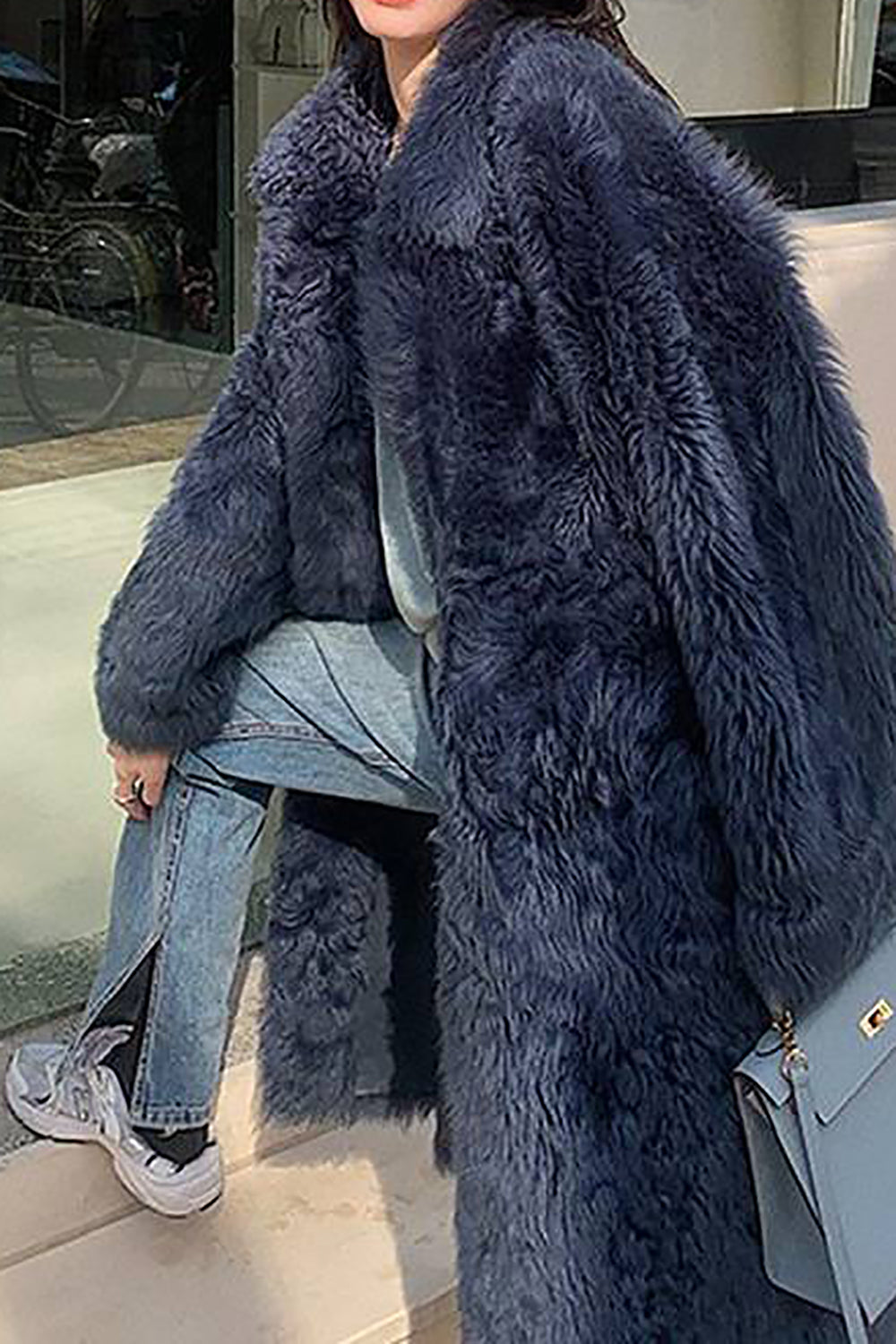 Casual Single Breasted Long Overcoat Faux Fur Lapel Collar Coat-CALLISTARI