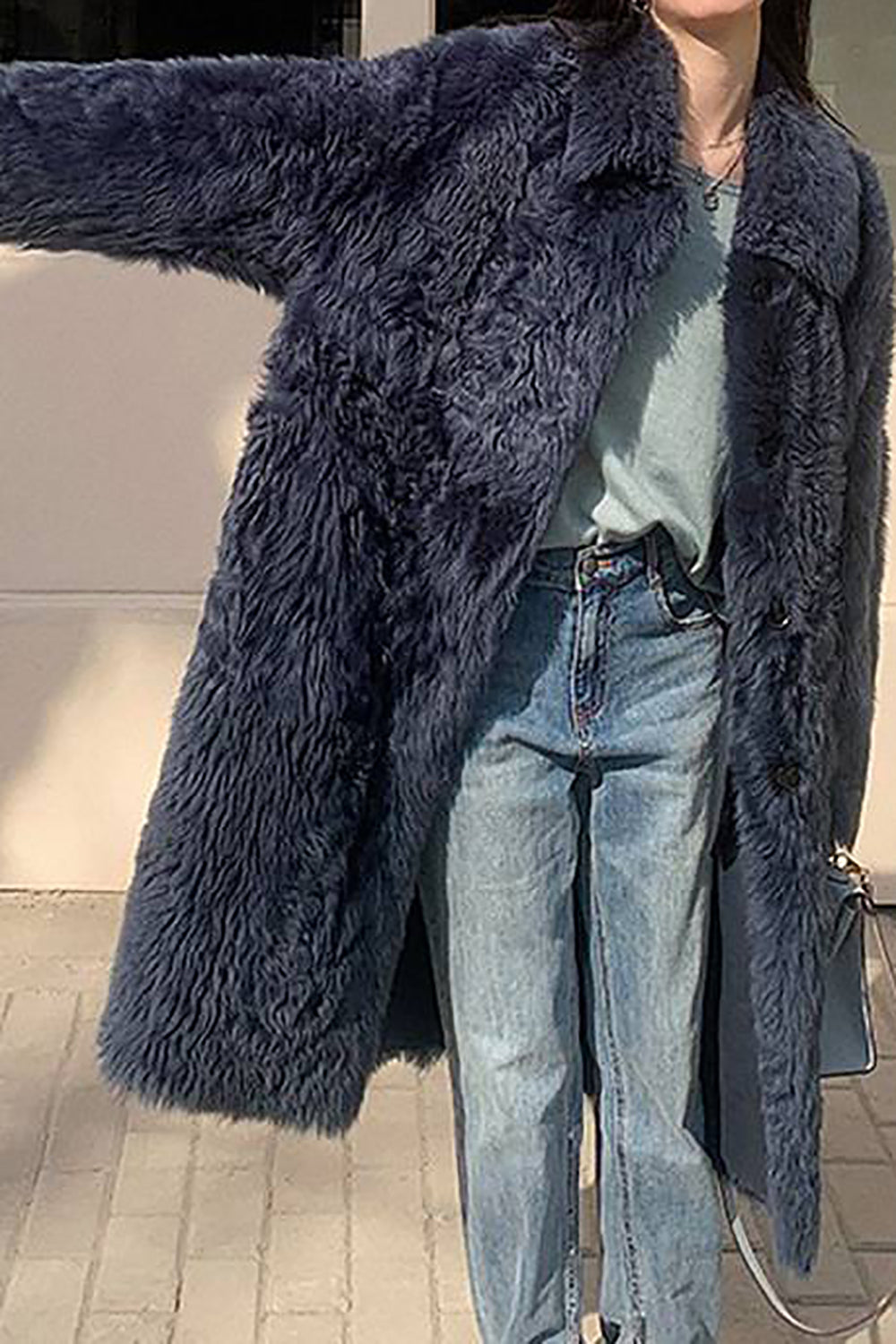 Casual Single Breasted Long Overcoat Faux Fur Lapel Collar Coat-CALLISTARI