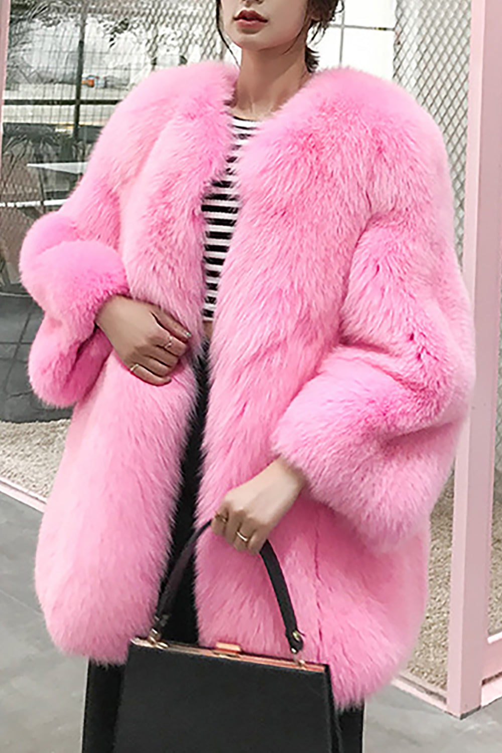 Hot Pink Shawl Lapel Oversized Faux Fur Women Coat-CALLISTARI