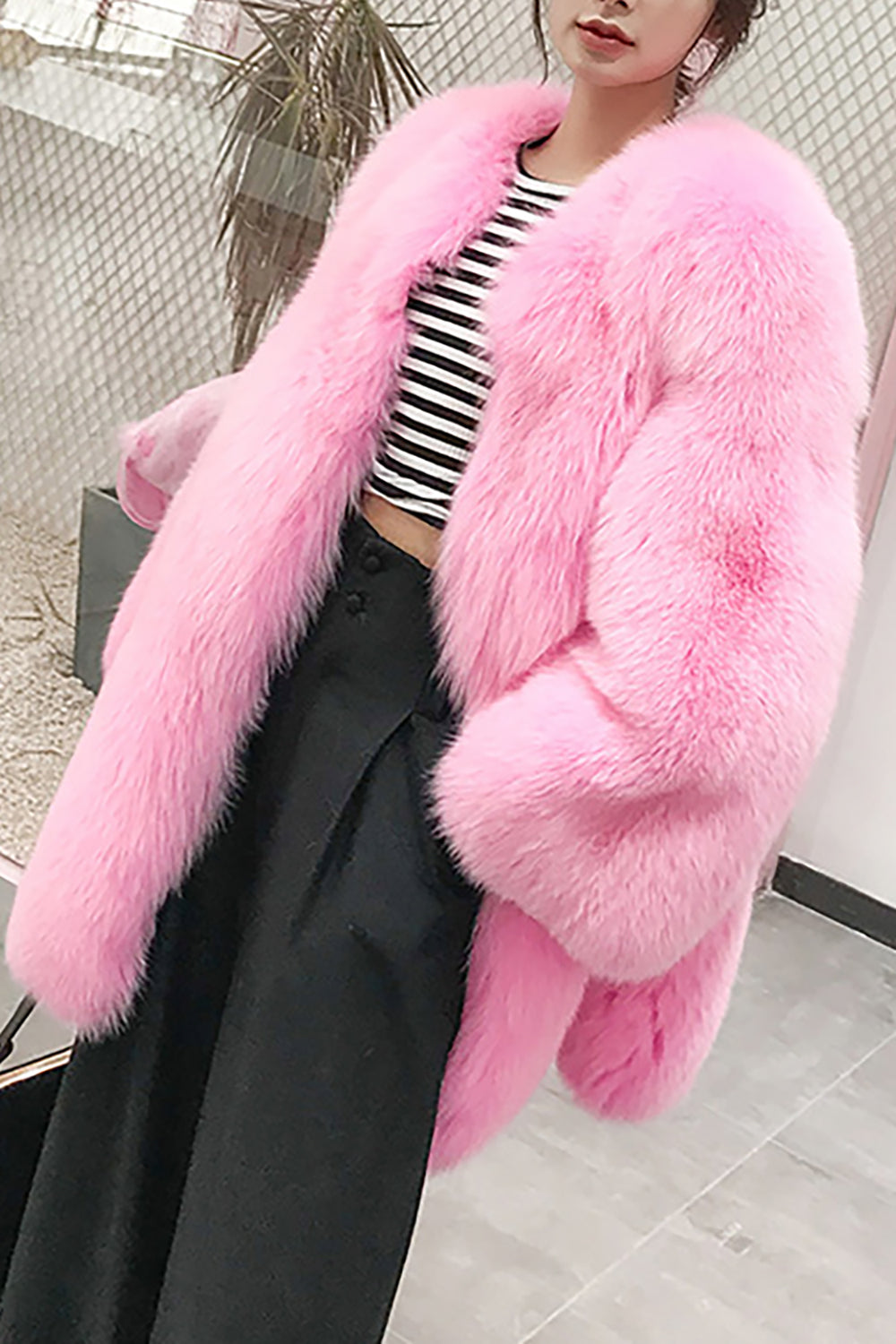 Hot Pink Shawl Lapel Oversized Faux Fur Women Coat-CALLISTARI