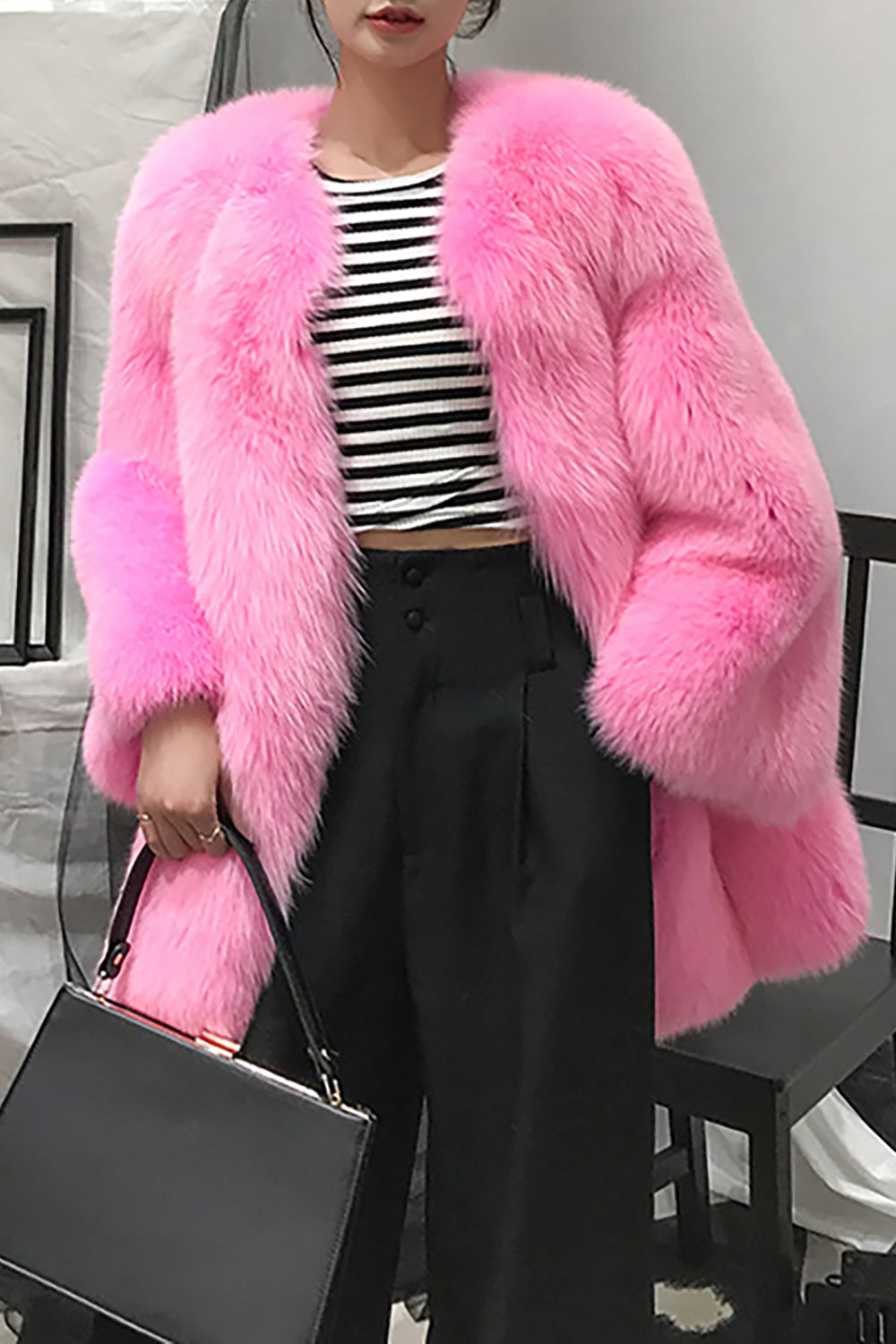 Hot Pink Shawl Lapel Oversized Faux Fur Women Coat-CALLISTARI