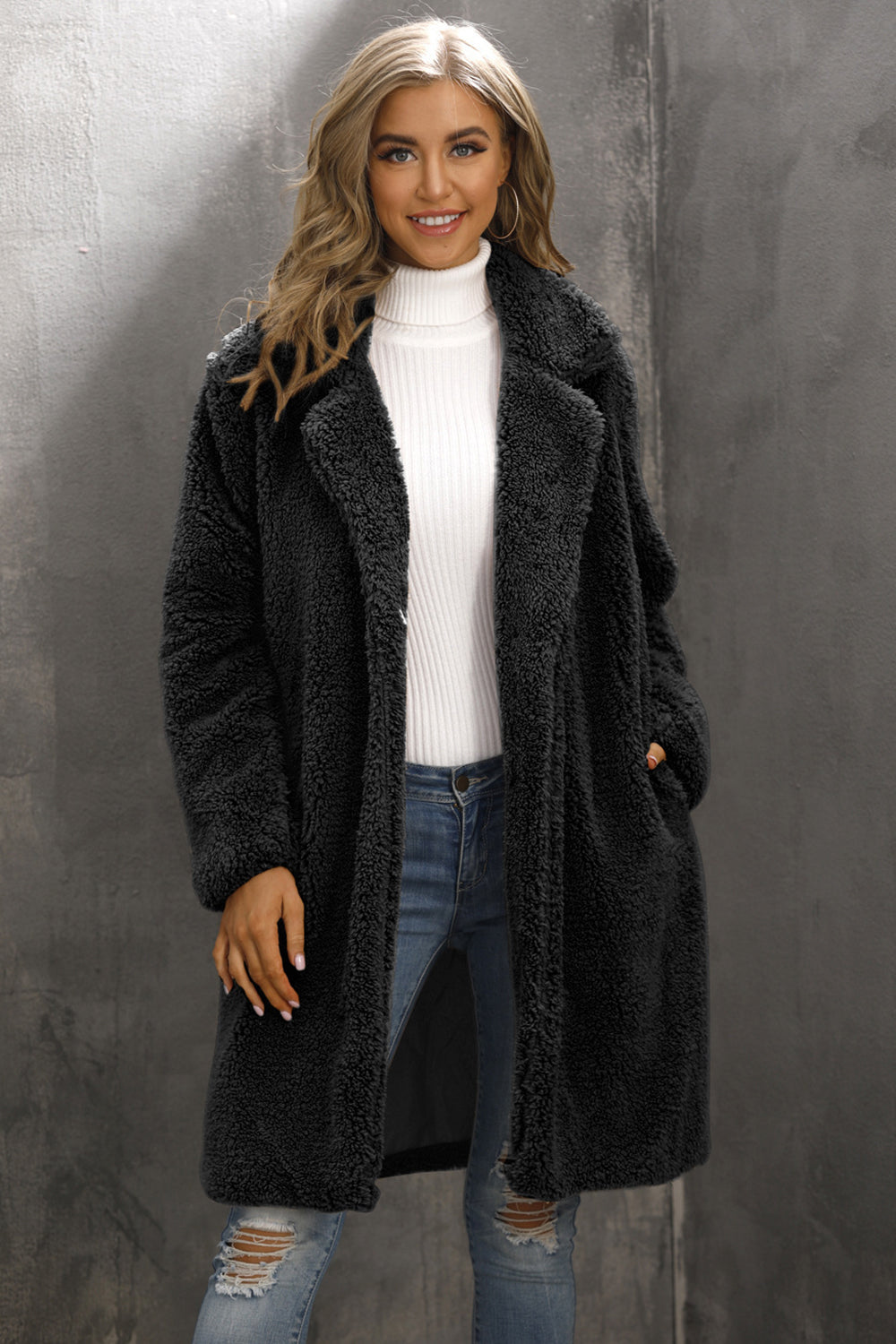 Camel Notched Lapel Long Faux Fur Women Coat-CALLISTARI