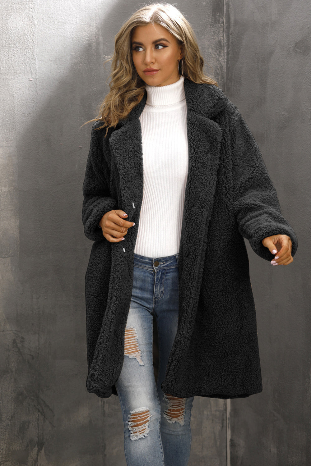 Camel Notched Lapel Long Faux Fur Women Coat-CALLISTARI