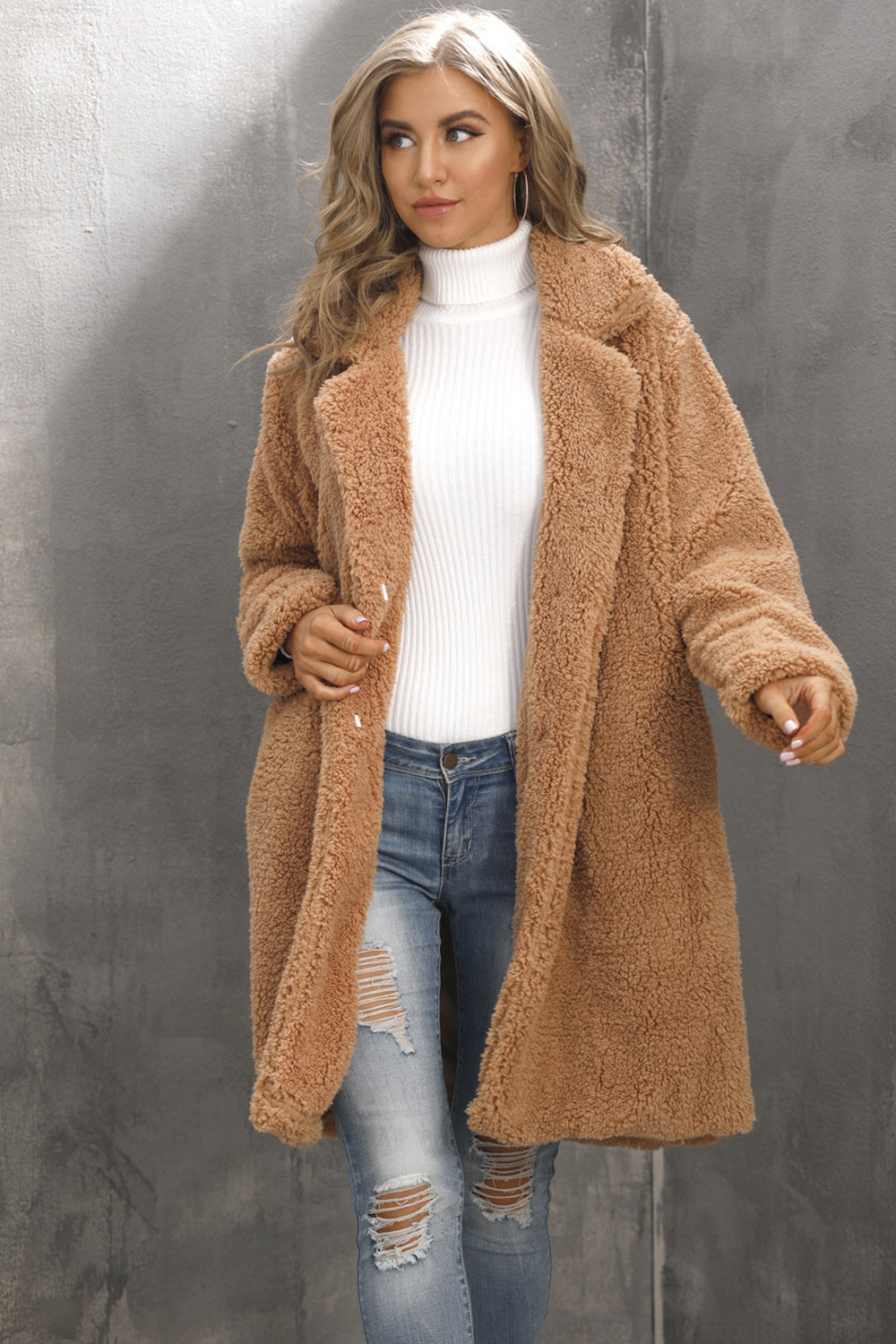 Camel Notched Lapel Long Faux Fur Women Coat-CALLISTARI