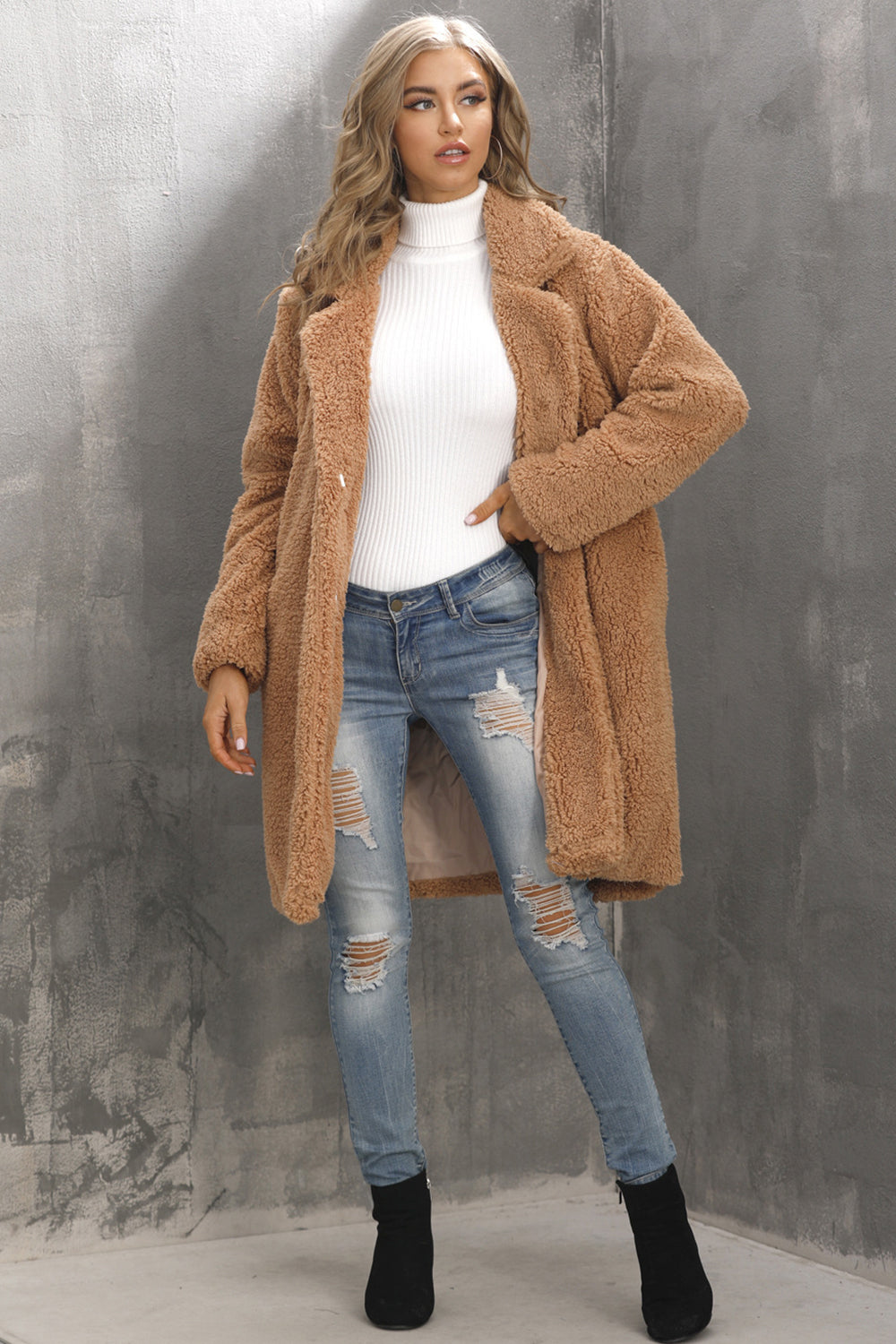 Camel Notched Lapel Long Faux Fur Women Coat-CALLISTARI