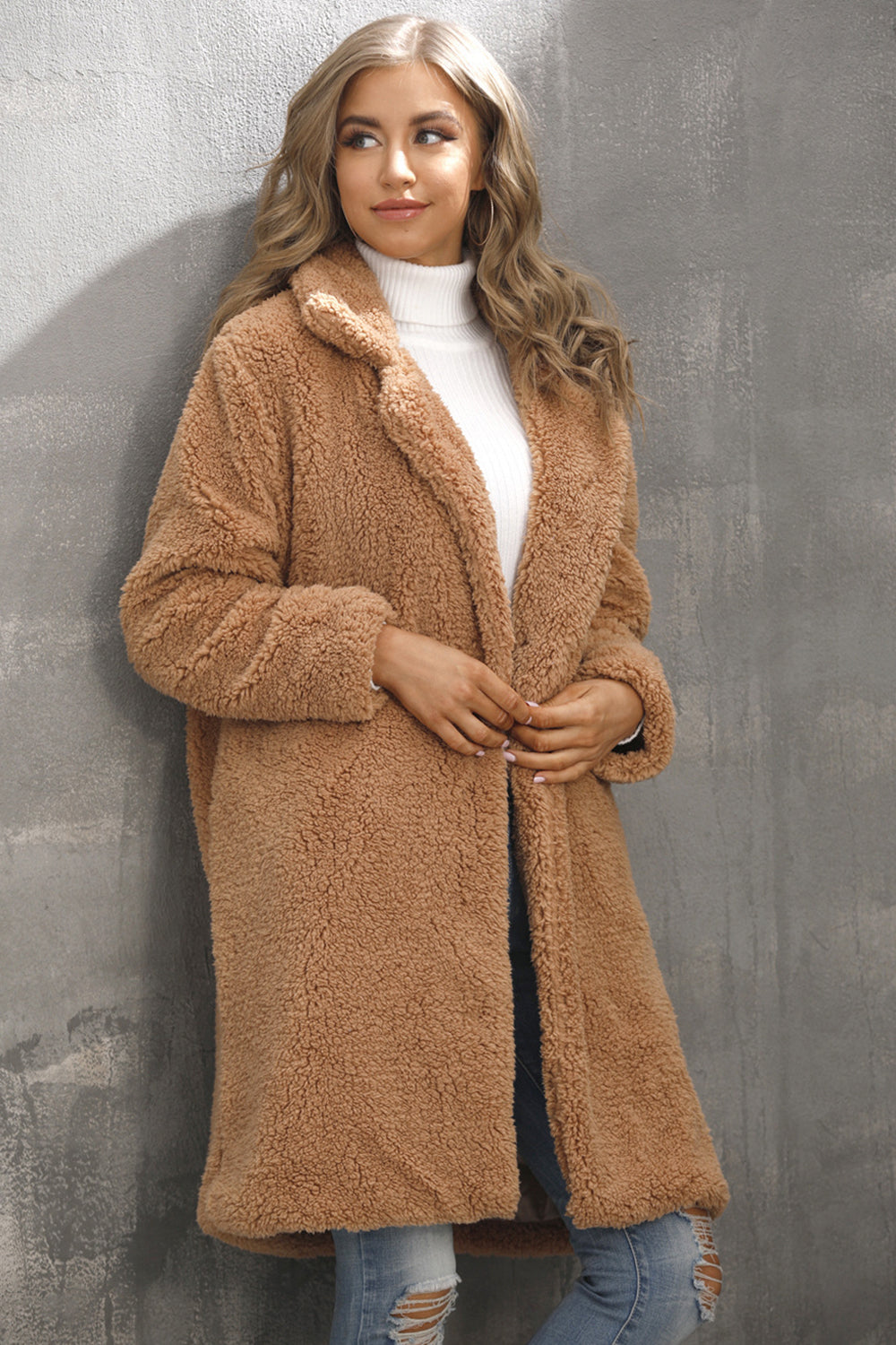 Camel Notched Lapel Long Faux Fur Women Coat-CALLISTARI