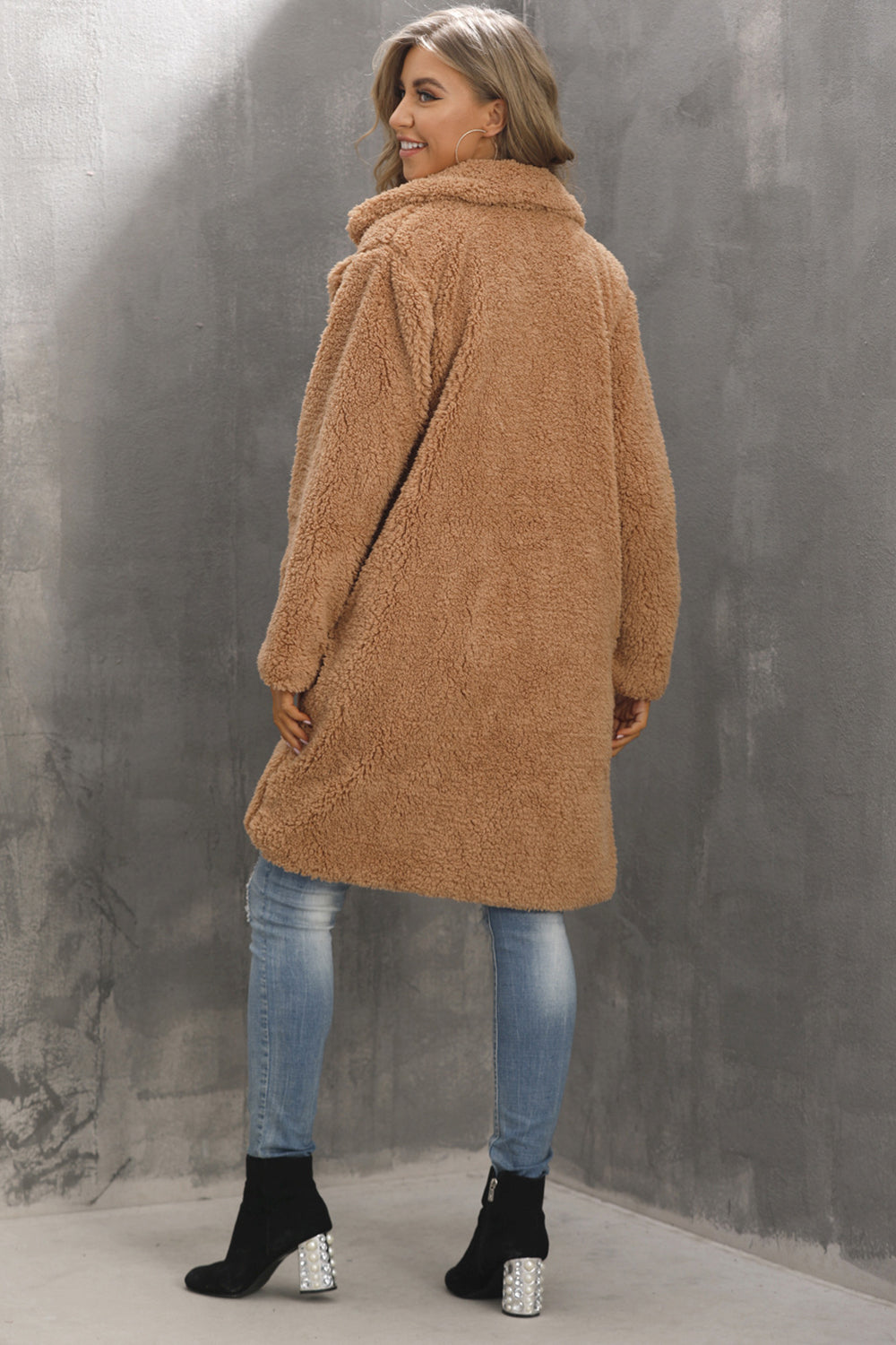 Camel Notched Lapel Long Faux Fur Women Coat-CALLISTARI