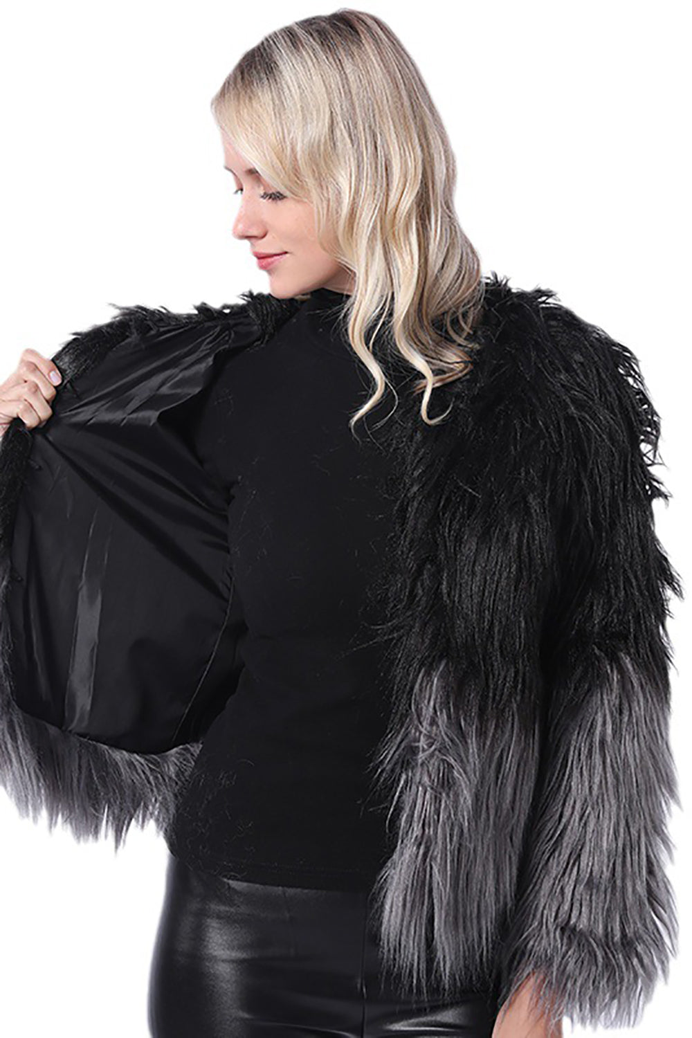 Black Winter Long Sleeve Faux Fur Coat-CALLISTARI