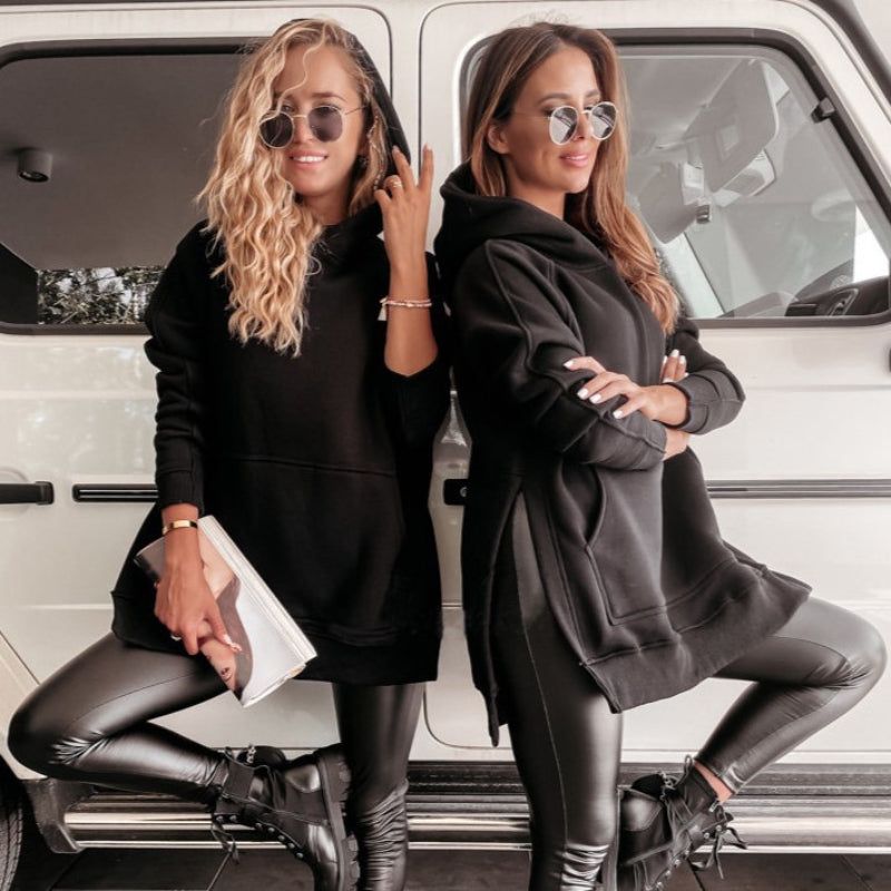 Casual Long Sleeve Side Slit Sweater Hoodie-CALLISTARI