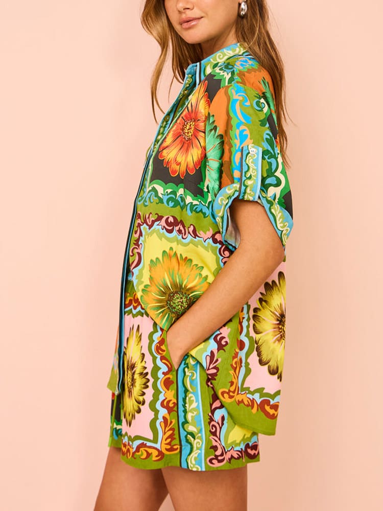 Special Sunflower Print Elastic Waist Shorts-Set-CALLISTARI