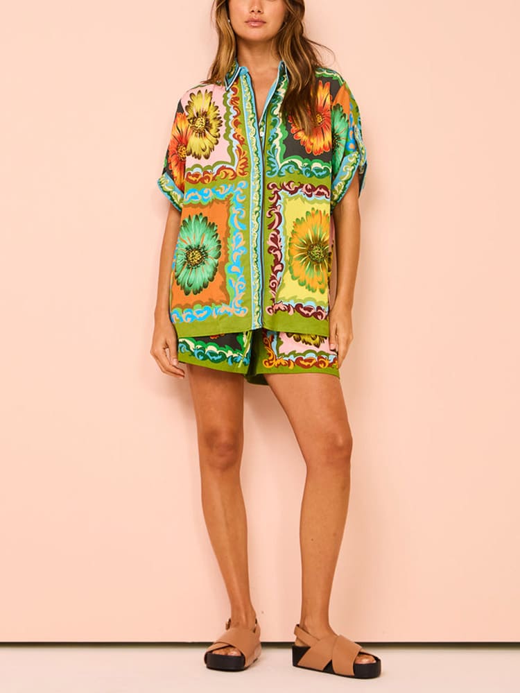 Special Sunflower Print Elastic Waist Shorts-Set-CALLISTARI