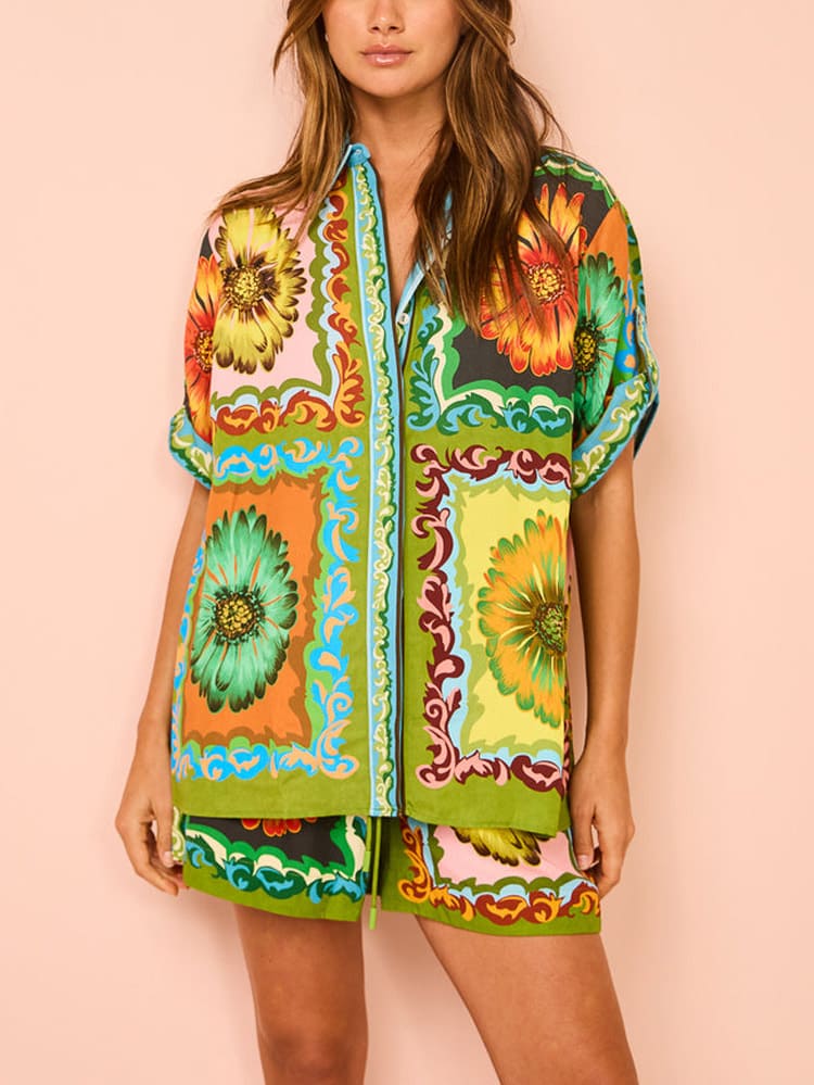 Special Sunflower Print Elastic Waist Shorts-Set-CALLISTARI