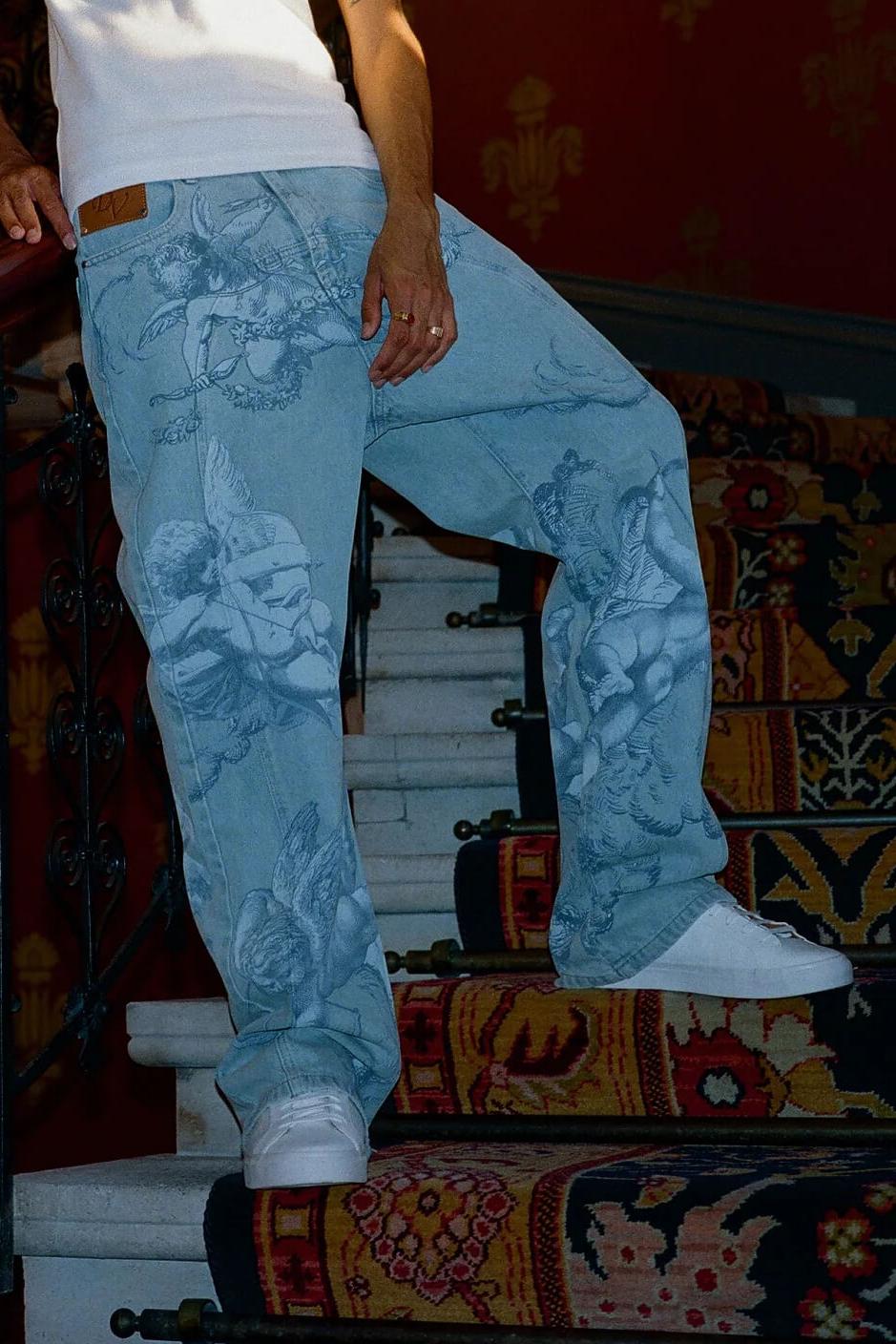 Cupid Print Washed Blue Jeans-ROVOLE
