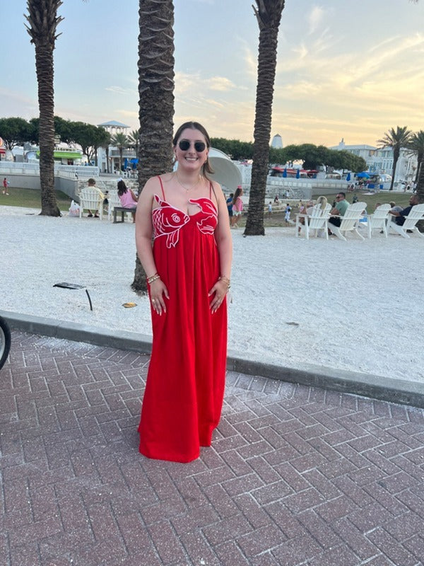 Callistari Embroidered Fish Spaghetti Strap Midi Dress-CALLISTARI