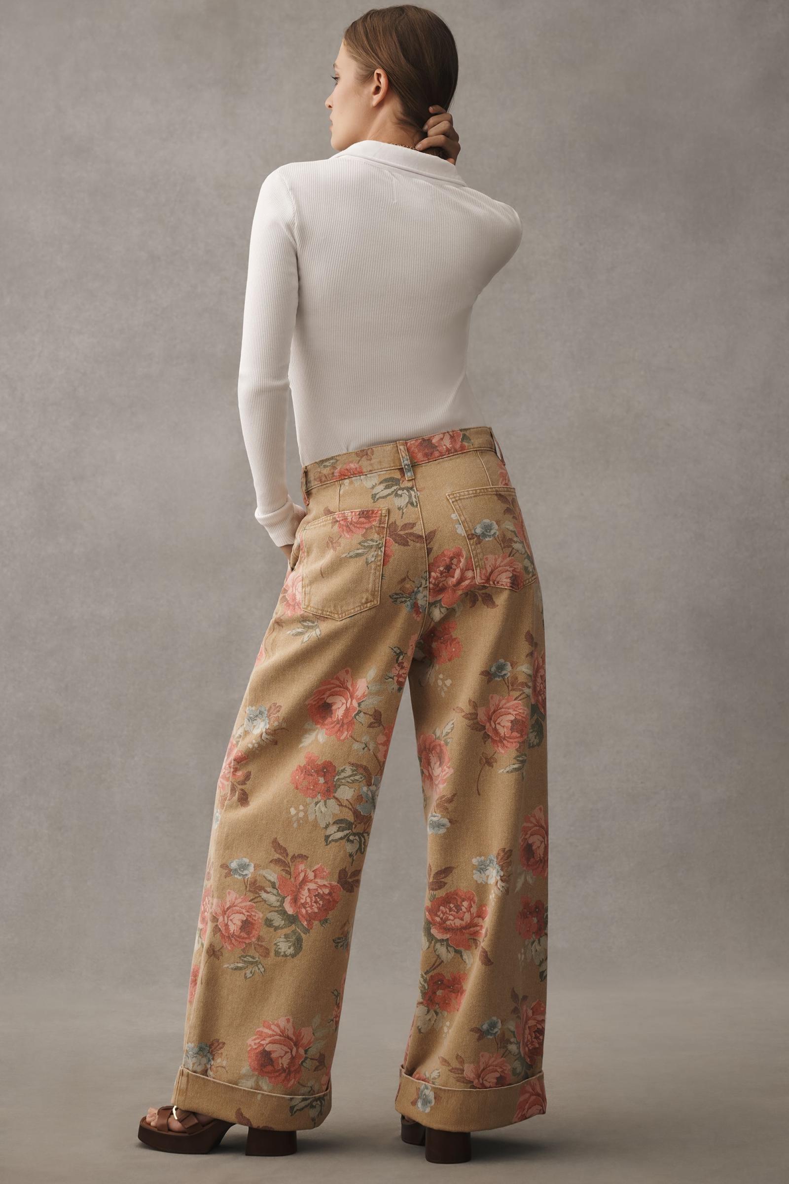 Floral high-waisted wide-leg cuffed jeans