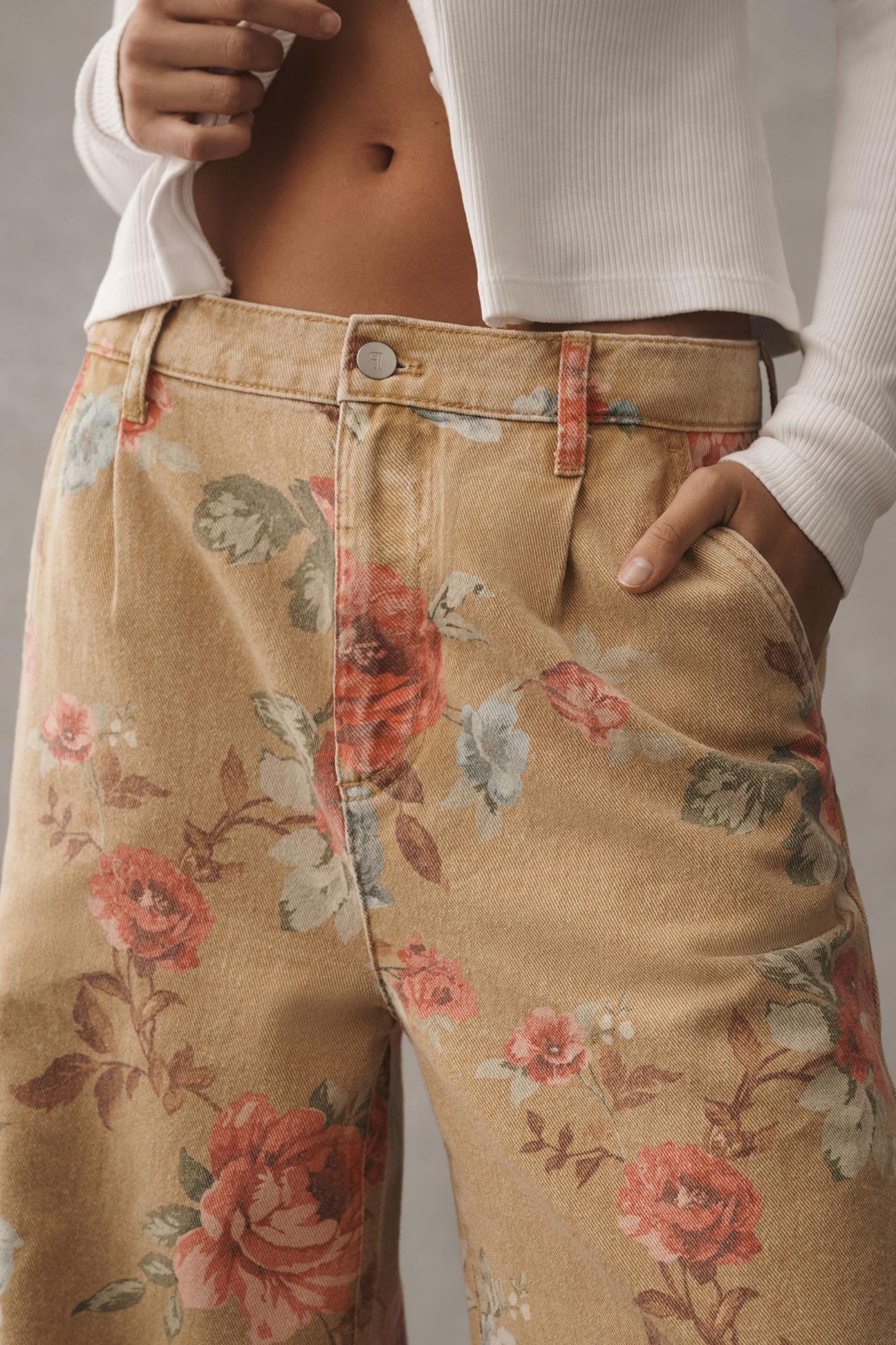 Floral high-waisted wide-leg cuffed jeans