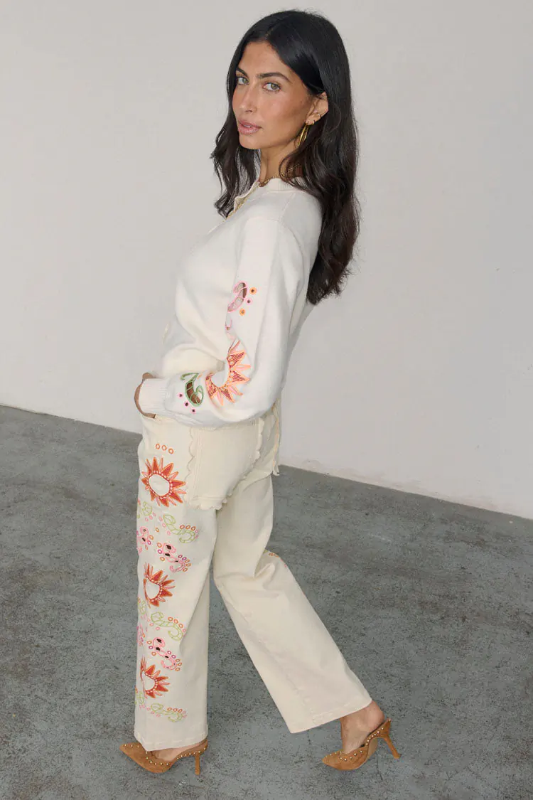 Designer embroidered ecru jeans
