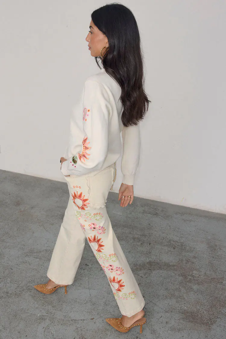 Designer embroidered ecru jeans