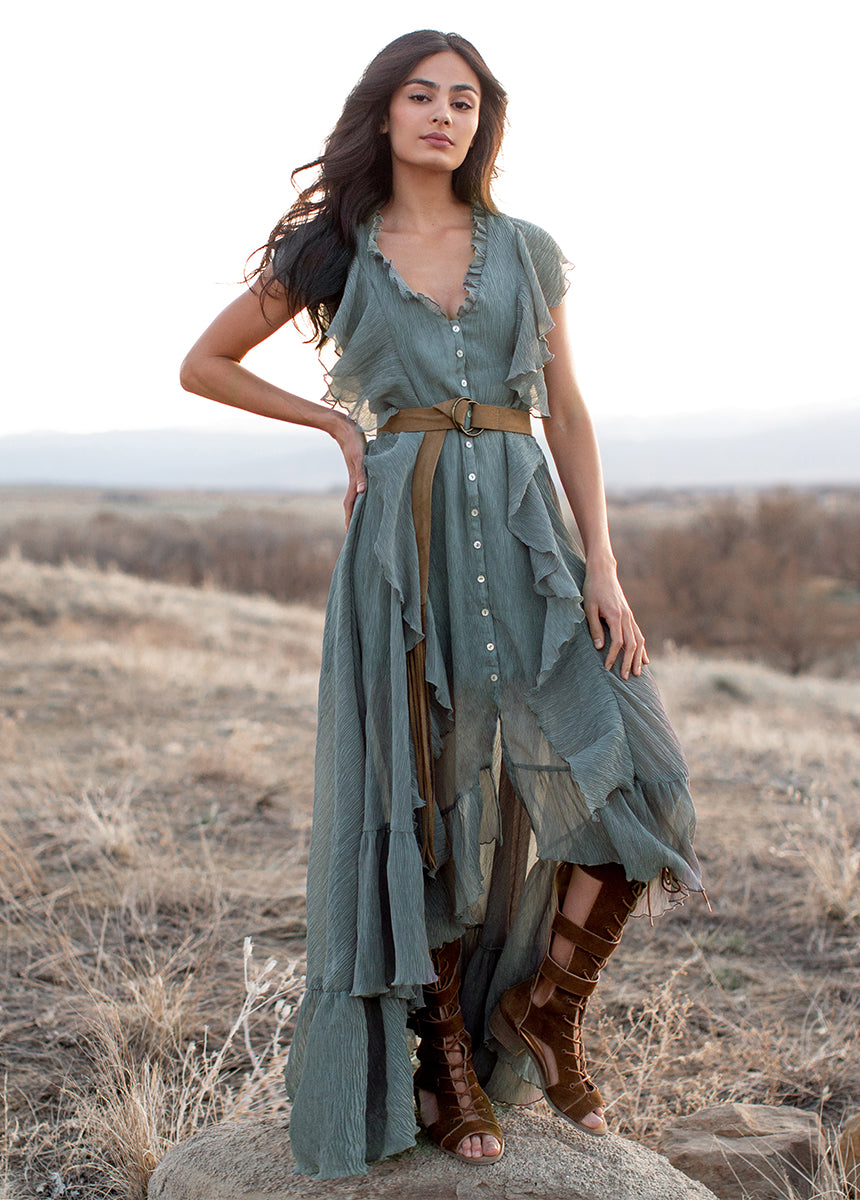 Ruffled V-neck midi dress