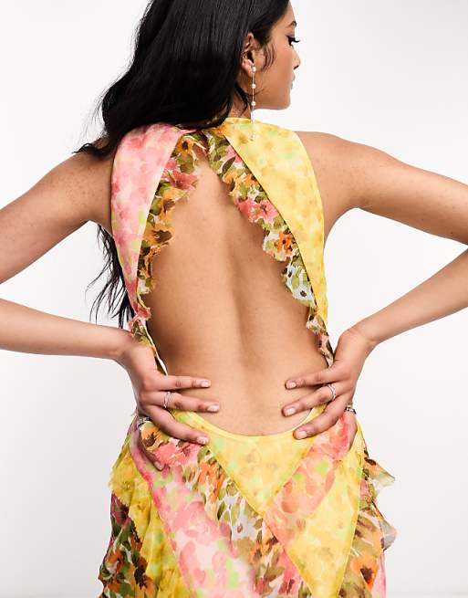 Ruffled Colorblock Floral Off-the-Shoulder Maxi Dress