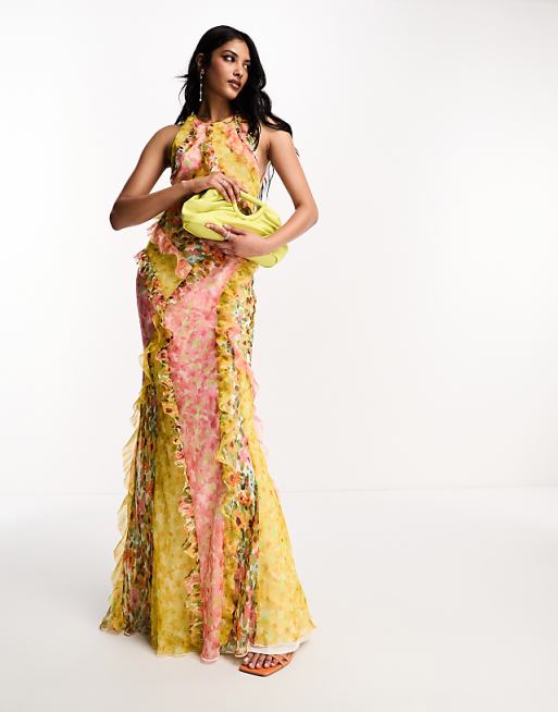 Ruffled Colorblock Floral Off-the-Shoulder Maxi Dress