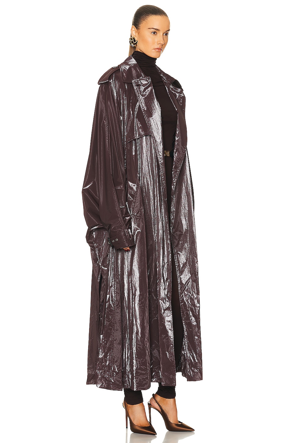 Shiny Burgundy Oversized Trench Coat