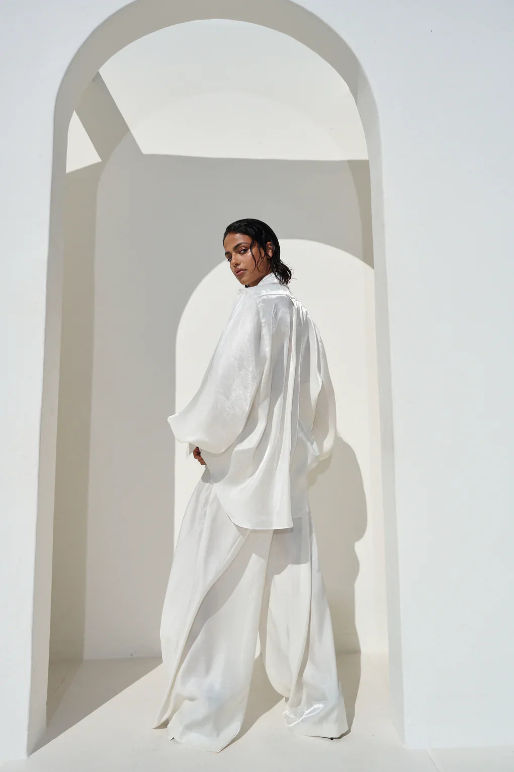 Deep VNeck Shirt wide Leg Pants Set-Mesadic