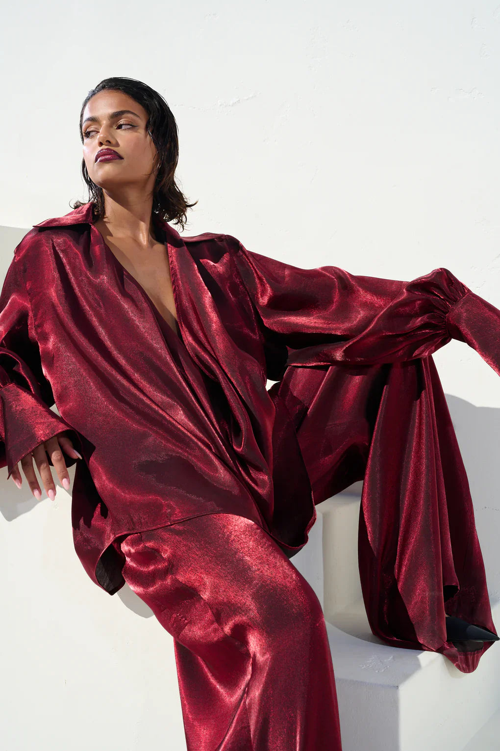 Deep VNeck Shirt wide Leg Pants Set-Mesadic