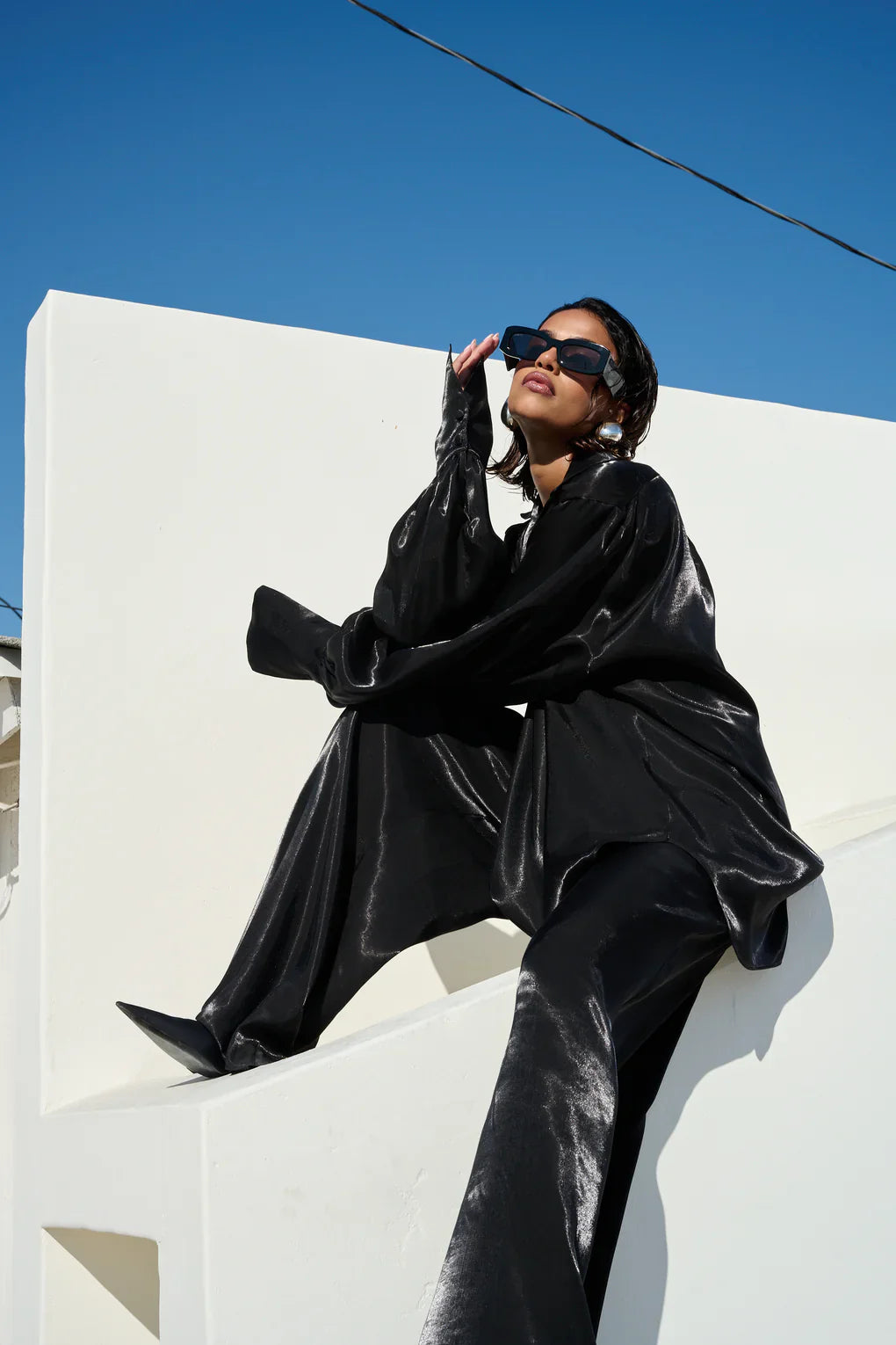 Deep VNeck Shirt wide Leg Pants Set-Mesadic