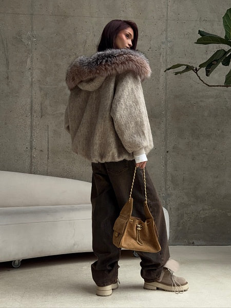 Beige faux fur trim hooded jacket