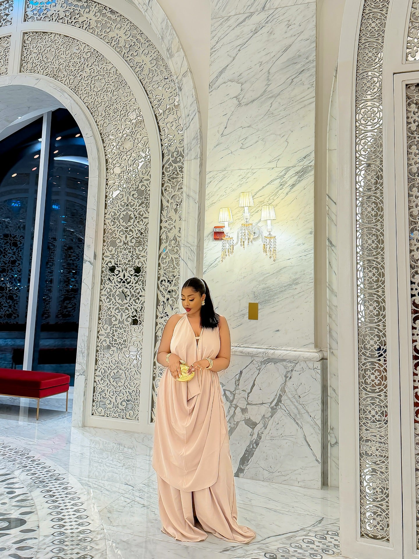 Ruffled backless top and wide-leg pants set