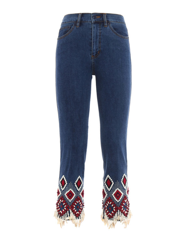 Dark washed embroidered tassel cropped jeans-Trafni