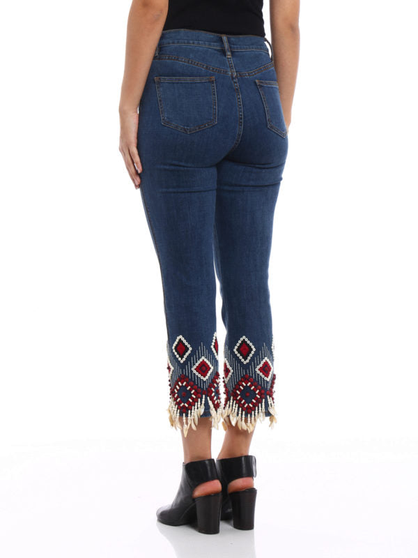 Dark washed embroidered tassel cropped jeans-Trafni