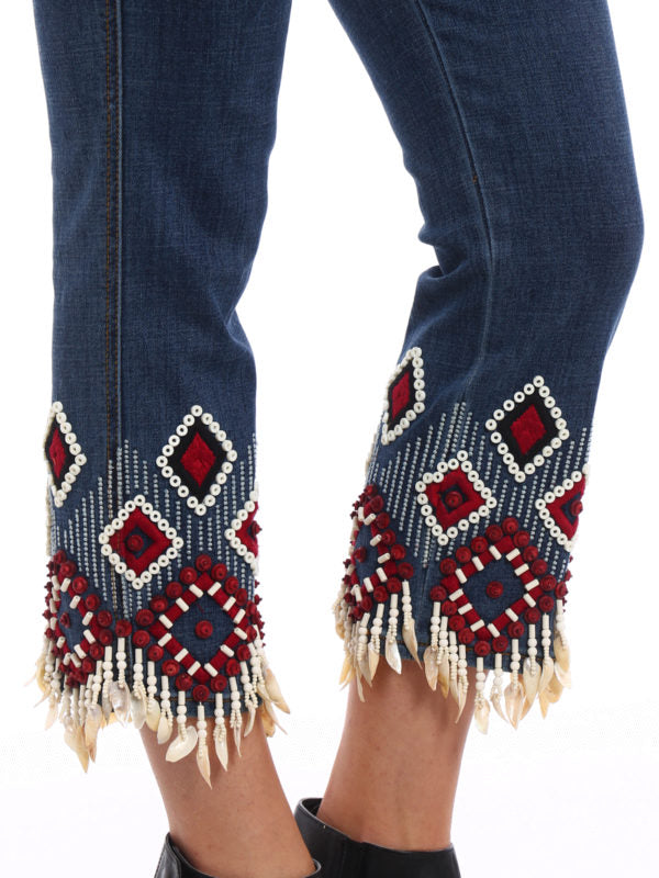 Dark washed embroidered tassel cropped jeans-Trafni