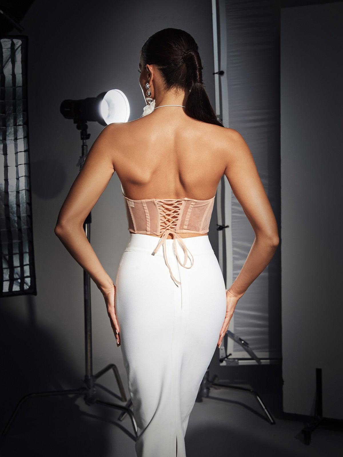 Dana Shell Mesh Lace Up Corset Top In Beige - Mew Mews